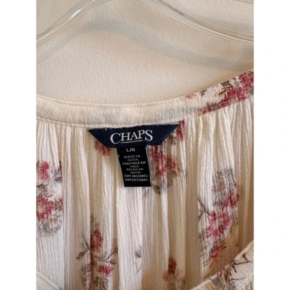 Chaps Womens Floral Gauze Peasant Blouse Cream Pink Button Front Long Sleeve L - Picture 4 of 5
